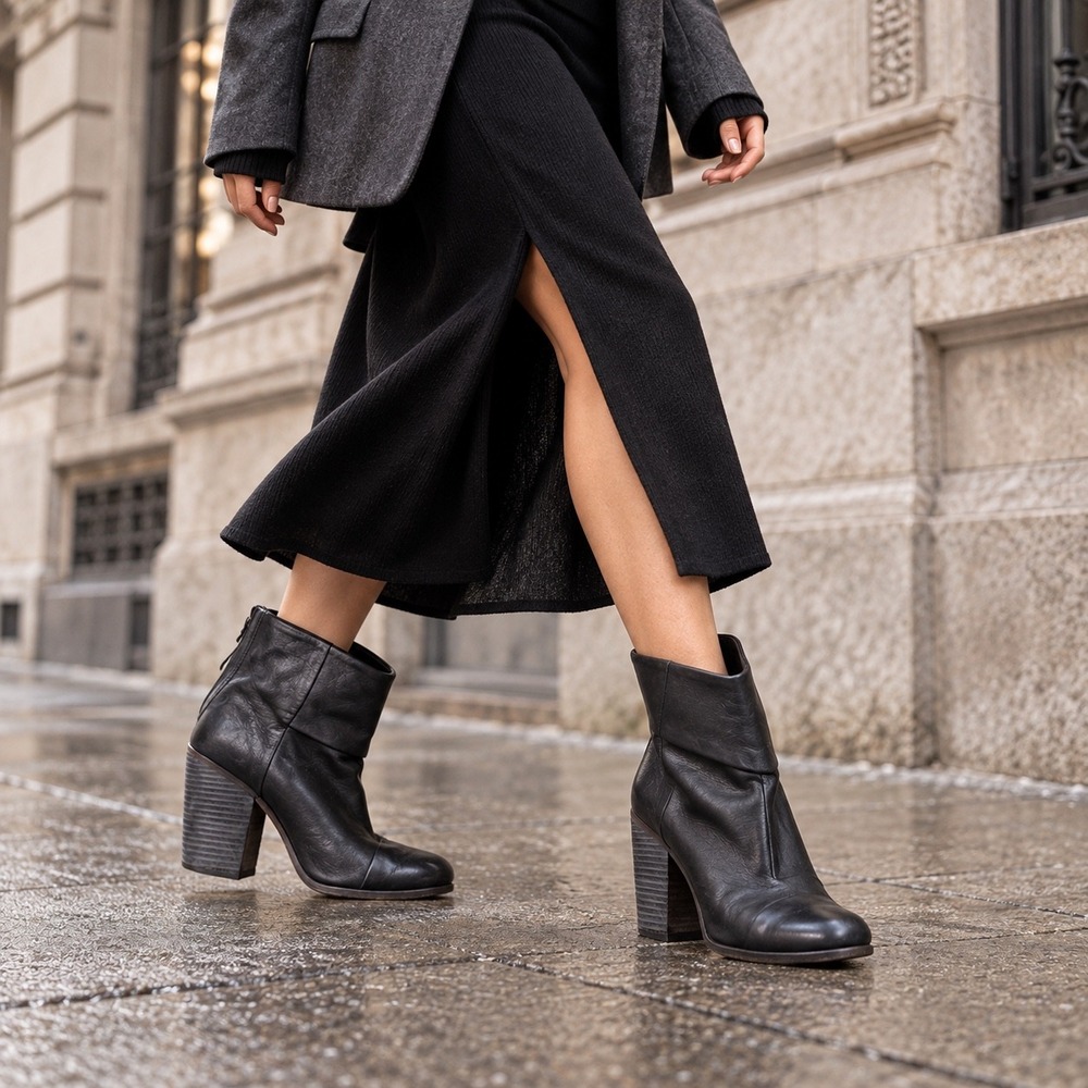 rag & bone Harrow Black Leather Foldover Cuff Moto Ankle Boots Block Heel 37